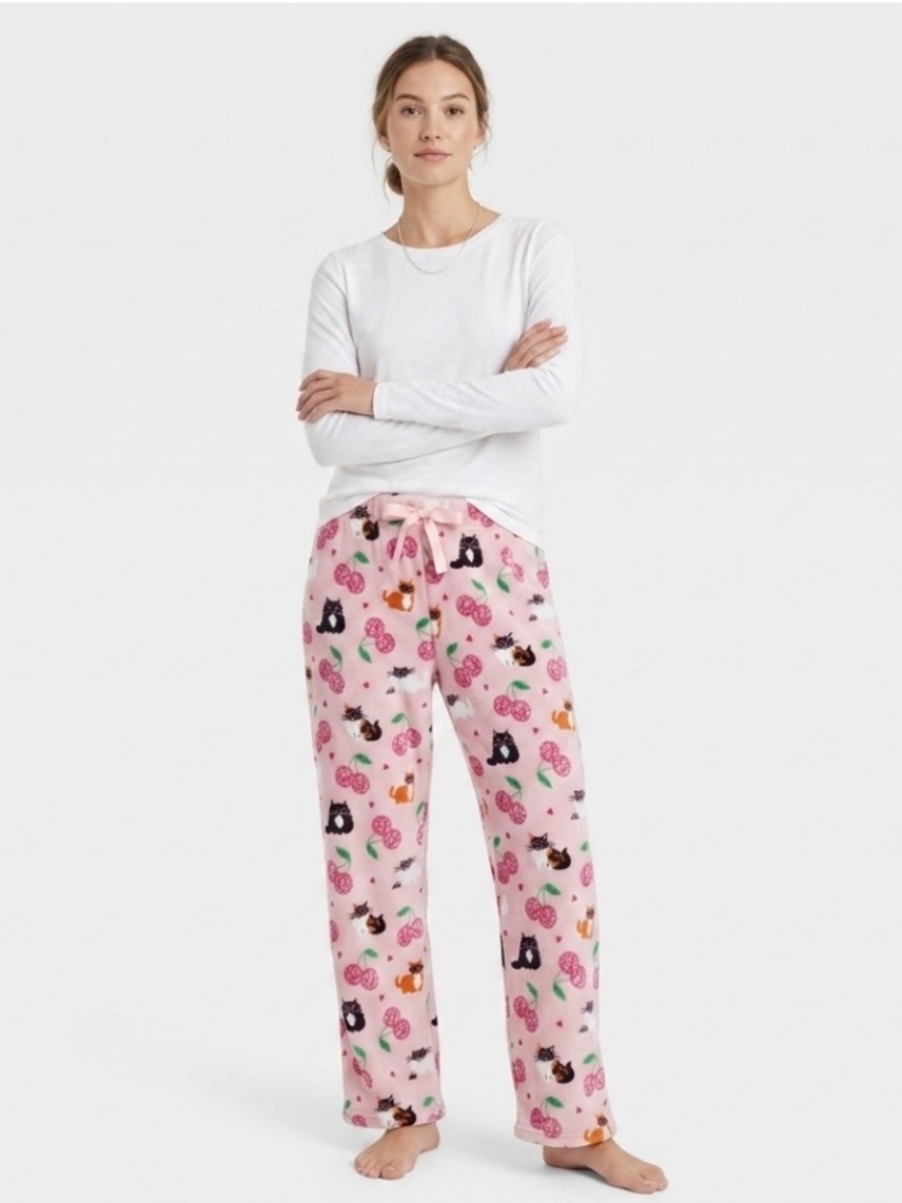 Cat Creations Plush Fleece Pajama Pants Sz M Pink Cherry Cats Cozy Loungewear